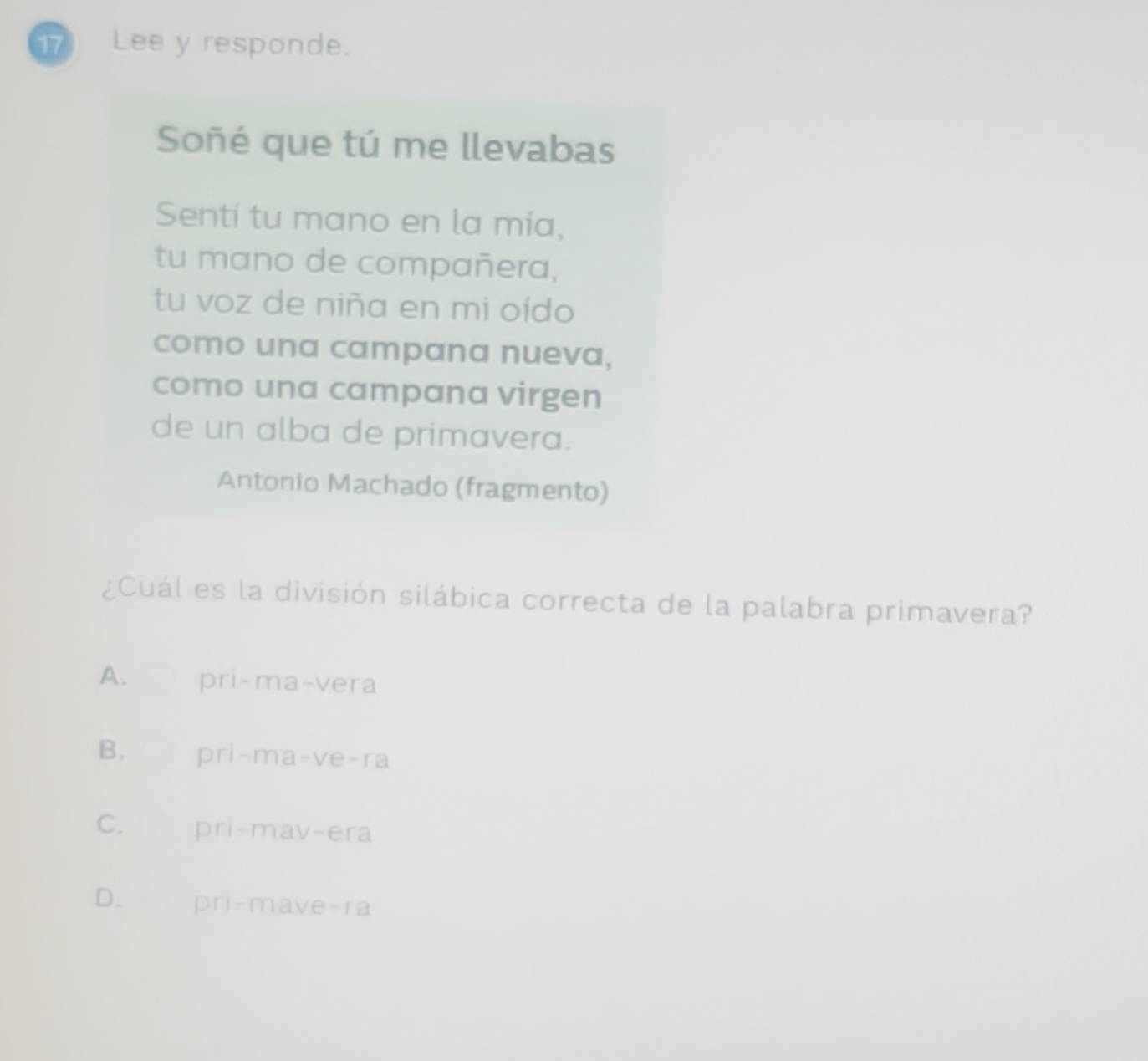 Lee y responde.
Soñé que tú me llevabas
Sentí tu mano en la mía,
tu mano de compañera,
tu voz de niña en mi oído
como una campana nueva,
como una campana virgen
de un alba de primavera.
Antonio Machado (fragmento)
¿Cuál es la división silábica correcta de la palabra primavera?
A. pri-ma-vera
B. pri-ma-ve-ra
C. pri-mav-era
D. pri-mave-ra