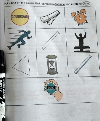 Put a line on the picture that represents distance and circle for time