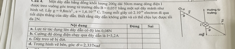 Cầu 4.   Một dây dẫn bằng đồng khối lượng 200g dài 50cm mang dòng điện I
được treo vuông góc trong từ trường đều B=0.05T bằng một sợi dây mảnh như 
hình vẽ. Lấy g=9,8m/s^2,e=1,6.10^(-19)C. Trong mỗi giây có 2.10^(19) electron đi qua
tiết diện thắng của dây dẫn. Biết rằng dây dẫn không giãn và có thể chịu lực được tối
da 2N.