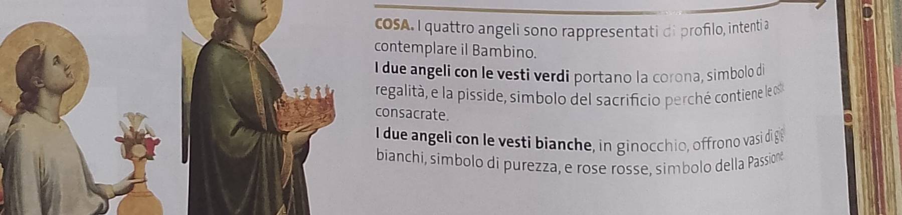 SA. I quattro angeli sono rappresentati di profilo, intenti a
ontemplare il Bambino.
due angeli con le vesti verdi portano la corona, simbolo di
egalità, e la pisside, simbolo del sacrificio perché contiene le os
nsacrate.
due angeli con le vesti bianche, in ginocchio, offrono vasi di ge
ianchi, simbolo di purezza, e rose rosse, simbolo della Passione