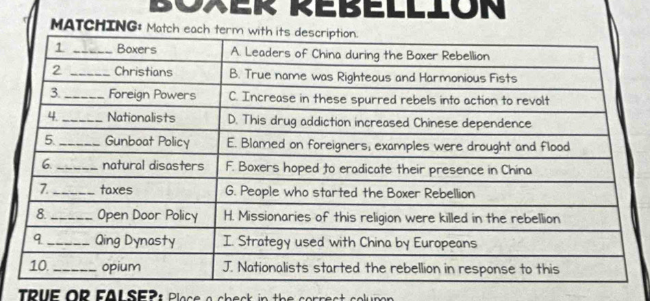 BOxer RebellOn 
MATCHING: 
TRUE OR FALSE2: Place a check in the correct colupon