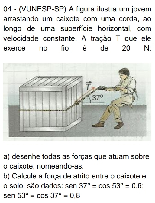 04 - (VUNESP-SP) A figura ilustra um jovem
arrastando um caixote com uma corda, ao
longo de uma superfície horizontal, com
velocidade constante. A tração T que ele
exerce no fio é de 20 N:
a) desenhe todas as forças que atuam sobre
o caixote, nomeando-as.
b) Calcule a força de atrito entre o caixote e
o solo. são dados: sen en37°=cos 53°=0,6;
sen 53°=cos 37°=0,8