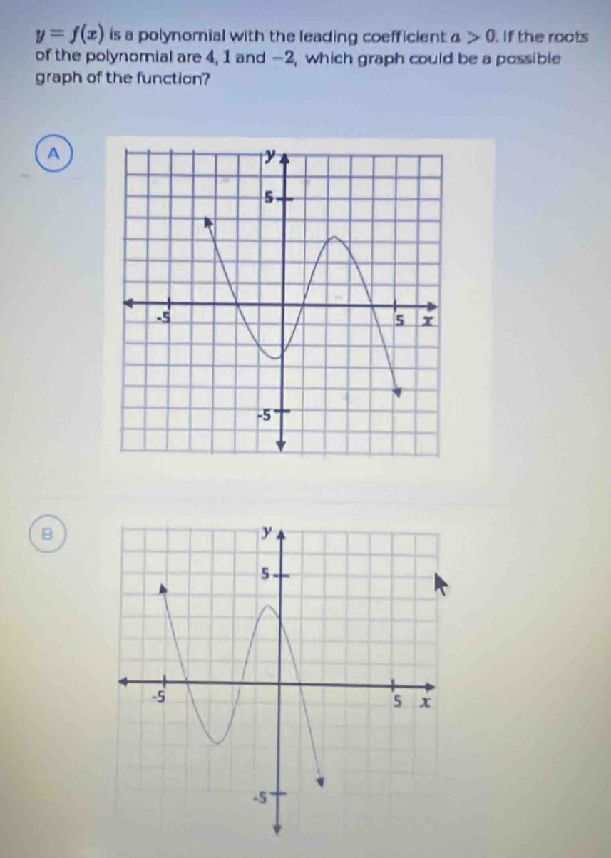 y=f(x) is a polynomial with the leading coefficient a>0. If the roots 
of the polynomial are 4, 1 and -2, which graph could be a possible 
graph of the function? 
A 
B