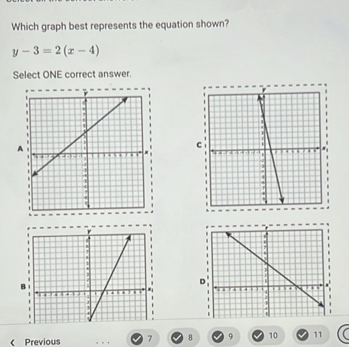 Which graph best represents the equation shown?
y-3=2(x-4)
Select ONE correct answer. 
B 

< Previous
7 8 9 10 11