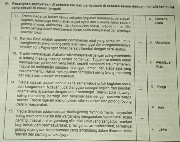 Ill. Pasangkan pernyataan di sebelah kiri dan pernyataan di sebelah kanan dengan menuliskan huru
yang sesuai di kolom tengah!
11. Tradisi Beganjal bukan hanya sekadar kegiatan membantu persiapan _A. Sumatra
hajatan, tetapi juga merupakan wujud nyata dari nilai-nilai luhur seperti Utara
gotong royong, solidaritas, dan kepedulian sosial. Tradisi ini memiliki
peran penting dalam mempererat ikatan sosial masyarakat dan menjaga
kearifan lokal.
12. Rambu Solo' adalah upacara pemakaman adat yang bertujuan untuk _B. Gorontalo
menghormati arwah orang yang telah meninggal dan mengantarkannya
ke alam roh (Puyo) agar dapat bersatu kembali dengan para leluhur.
13. Tradisi marsiadapari dilakukan oleh masyarakat dengan saling membantu
di ladang masing-masing secara bergantian. Tujuannya adalah untuk
_
meringankan pekerjaan yang berat, seperti menanam atau memanen. C. Kepulauan
Tradisi ini melibatkan saudara, tetangga, teman, dan siapa saja yang Riau
mau membantu. Hal ini menunjukkan pentingnya saling tolong-menolong
dan kerja sama dalam masyarakat.
14. Tradisi ngayah adalah bentuk kerja sama warga untuk kegiatan sosial D. Toraja
dan keagamaan. Ngayah juga dianggap sebagai bagian dari perintah
_
agama yang dijalankan dengan penuh semangat. Dalam tradisi ini, warga
saling menolong, berbagi, dan bersosialisasi dengan sesama warga
sekitar. Tradisi ngayah menunjukkan nilai kebaikan dan gotong royong
daiam masyarakat.
E. Bali
15. Tradisi Sinoman adalah sebuah tradisi gotong royong di mana masyarakat
saling membantu ketika ada warga yang mengadakan hajatan atau acara
_
penting. Tradisi ini mengandung nilai-nilai luhur yang sangat bermanfaat
bagi kehidupan bermasyarakat. Di tengah arus modernisasi, semangat
gotong royong dan kebersamaan yang terkandung dalam Sinoman tetap F. Jawa
relevan dan penting untuk dijaga.