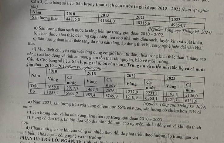 tần)
Cầu 3. Cho bằng số liệu: Sản lượng than sạch của nước ta gi
ồn: Tổng cục Thống kê, 2024)
sạch nước ta tăng liên tục trong giai đoạn 2010 - 2022.
b) Than được khai thác đề cung cấp nhiên liệu cho nhà máy điện sạch, luyện kim và xuất khẩu.
c) Sản lượng than khai thác tăng do nhu cầu tăng, áp dụng thiết bị, công nghệ hiện đại vào khai
thác
d) Mục địch chủ yểu của việc ứng dụng cơ giới hóa, tự động hóa trong khai thác than là nâng cao
năng suất lao động và tính an toàn, giảm tổn thất tải nguyên, bảo vệ môi trường.
Câu 4. Cho báng số liệu: Sản lượng trâu, bò của vùng Trung du và 
giai đoạn 2010 - 2023(
cục Thồng kê, 2024) n ea
nước
ủa vùng chiếm hơn 55% cả nước, sản lương bỏ chiếm hơn 19% cả
b) Sản lương trâu và bỏ của vùng tăng liên tục trong giai đoạn 2010 - 2023
c) Vùng có dân trâu, bỏ lớn dựa vào địa hình đồi núi, cao nguyên, nhiều đồng cỏ và khí hậu thích
hop.
d) Chăn nuôi gia súc lớn của vùng có nhiều thay đổi do phát triển theo hướng tập trung, gắn với
chể biển, khoa học - công nghệ và thị trưởng
PHÂN II/ TRÁ LờI NGẢN, Thị sinh 11