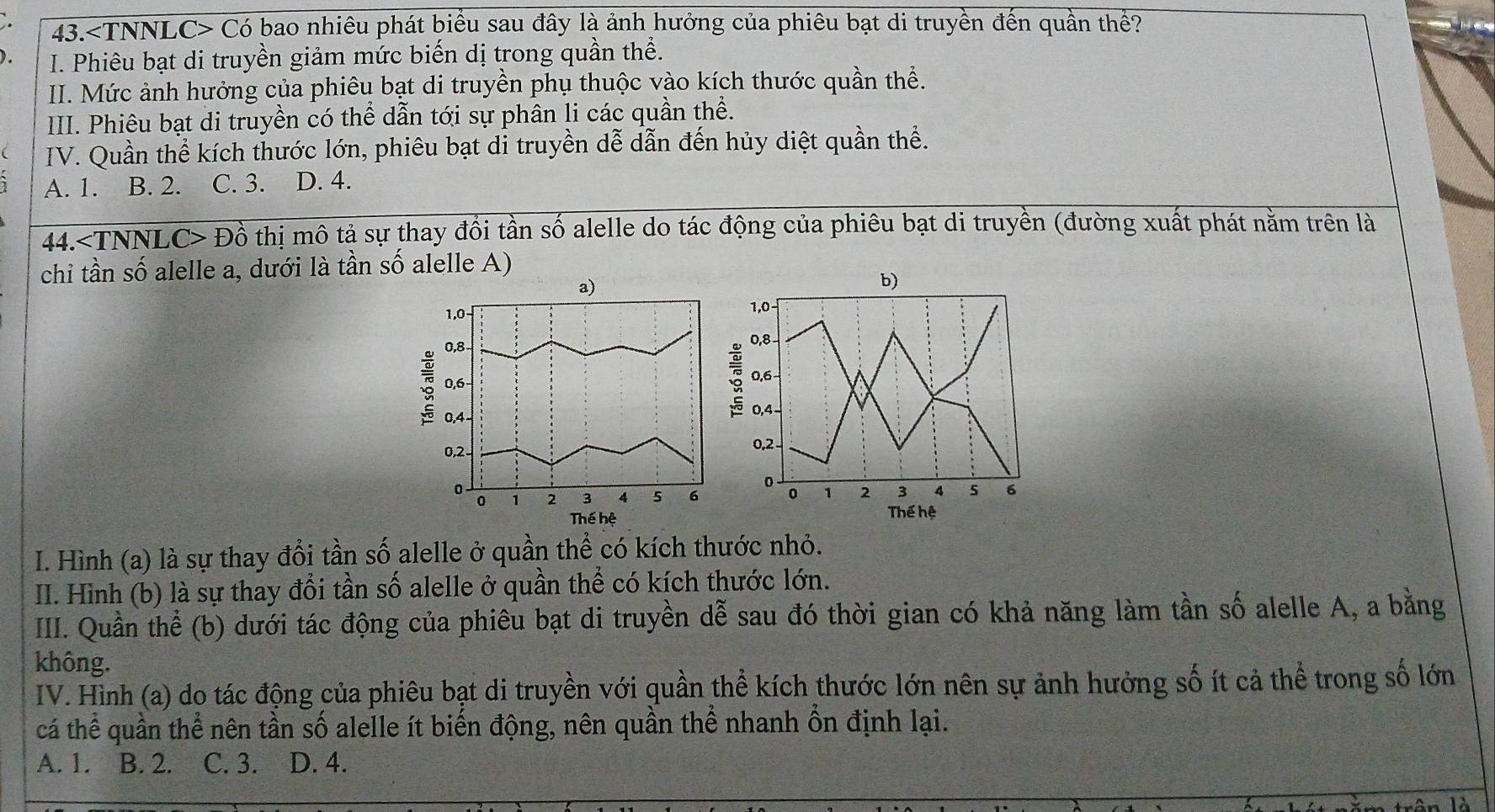 43. Có bao nhiêu phát biểu sau đây là ảnh hưởng của phiêu bạt di truyền đến quần thể?
). I. Phiêu bạt di truyền giảm mức biến dị trong quần thể.
II. Mức ảnh hưởng của phiêu bạt di truyền phụ thuộc vào kích thước quần thể.
III. Phiêu bạt di truyền có thể dẫn tới sự phân li các quần thể.
IV. Quần thể kích thước lớn, phiêu bạt di truyền dễ dẫn đến hủy diệt quần thể.
A. 1. B. 2. C. 3. D. 4.
44. Đồ thị mô tả sự thay đổi tần số alelle do tác động của phiêu bạt di truyền (đường xuất phát nằm trên là
chi tần số alelle a, dưới là tần số alelle A)
b)
1, 0
0, 8 −
0, 6 -
0, 4 -
0, 2 -
0.
0 1 2 3 4 5 6
Thể hệ
I. Hình (a) là sự thay đổi tần số alelle ở quần thể có kích thước nhỏ.
II. Hình (b) là sự thay đổi tần số alelle ở quần thể có kích thước lớn.
III. Quần thể (b) dưới tác động của phiêu bạt di truyền dễ sau đó thời gian có khả năng làm tần số alelle A, a bằng
không.
IV. Hình (a) do tác động của phiêu bạt di truyền với quần thể kích thước lớn nên sự ảnh hưởng số ít cả thể trong số lớn
cá thể quần thể nên tần số alelle ít biến động, nên quần thể nhanh ổn định lại.
A. 1. B. 2. C. 3. ₹D. 4.