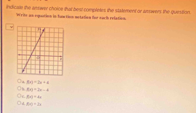 Indicate the answer choice that best completes the statement or answers the question.
Write an equation in function notation for each relation.
、
a. f(x)=2x+4
b. f(x)=2x-4
C. f(x)=4x
d. f(x)=2x