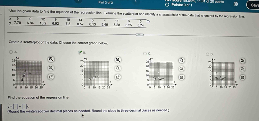 score: 55.04%, 11.01 of 20 points 
Part 2 of 3 Points: 0 of 1 
Save 
Use the given data to find the equation of the regression line. Examine the scatterplot and identify aracteristic of the data that is ignored by the regression line. 
Create a scatterplot of the data. Choose the correct graph below. 
A. 
B. 
C. 
D.
y
25
20
15
z
z 10
5
0 5 10 15 20 25
Find the equation of the regression line.
hat y=□ +□ x
(Round the y-intercept two decimal places as needed. Round the slope to three decimal places as needed.)