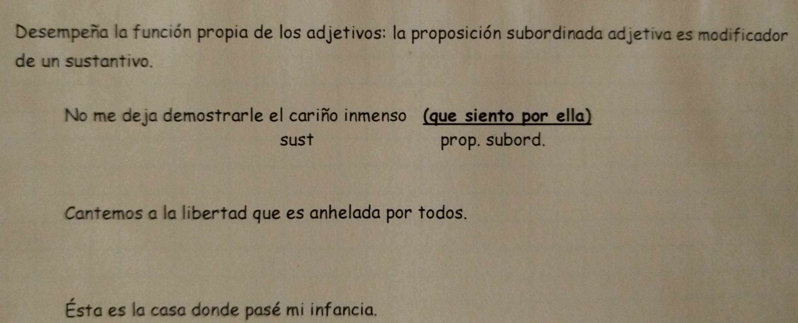 Desempeña la función propia de los adjetivos: la proposición subordinada adjetiva es modificador
de un sustantivo.
No me deja demostrarle el cariño inmenso (que siento por ella)
sust prop. subord.
Cantemos a la libertad que es anhelada por todos.
Ésta es la casa donde pasé mi infancia.