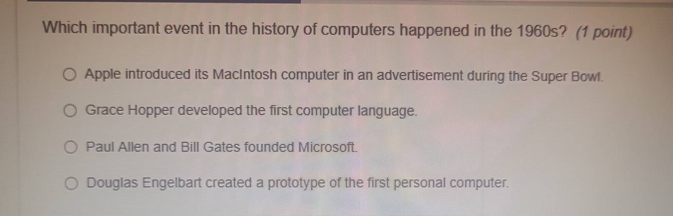 Solved: Which important event in the history of computers happened in ...