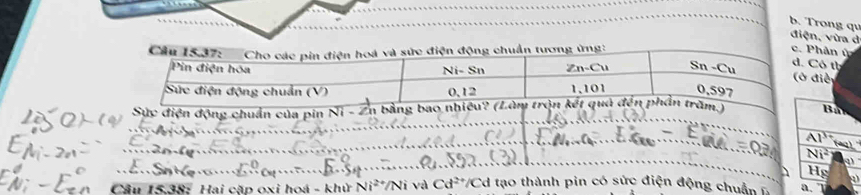 Trong qu 
điện, vừa d 
ân Ý 
ó th 
iễ 
Sức điện độn chuẩn của pin n bằng bao nh. Ba
Ni^2
H
5.38: Hai căp oxi hoá - khử Ni^2 và Cd^(2+)/Cd I tạo thành pin có sức điện động chuẩn Đ a.