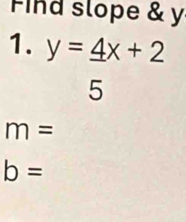 Find slope & y
1. y=_ 4x+2
5
m=
b=