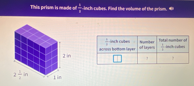 This prism is made of  1/2  -inch cubes. Find the volume of the prism.