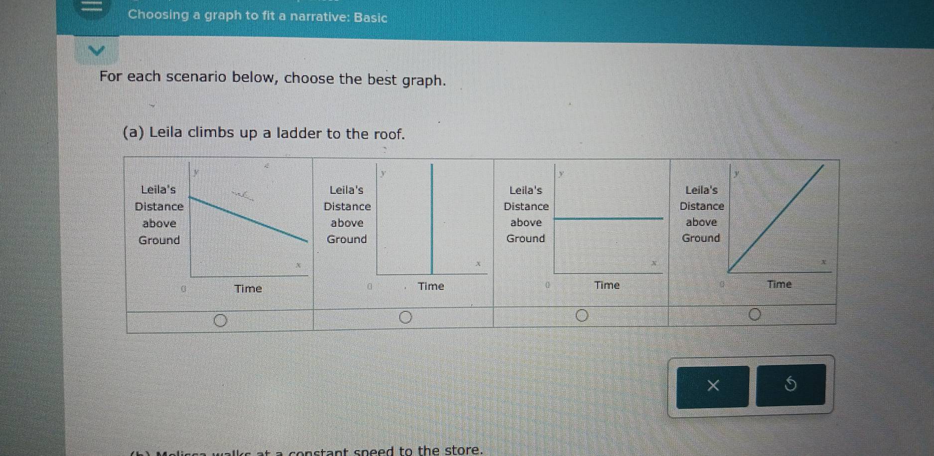 Choosing a graph to fit a narrative: Basic 
For each scenario below, choose the best graph. 
(a) Leila climbs up a ladder to the roof. 
Leila's Leila'sLeila'sLeila's 
DistancDistancDistancDistanc 
aboveaboveaboveabove 
GrounGrounGroun Groun 
Time 
× 
a constant speed to the store.