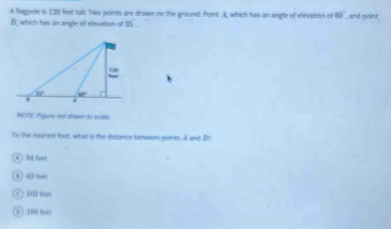 A fagpole in 125 feet fall. Two points are drawn on the ground: Point A, which has an angle of elevation of 60° , and point
BI, which has an angle of elevstion of 35.
NOTE: Figure not drawe to scale
to the nearest foot, what is the destance beoxeen points. A and B?
(n ) M feet
9) 43 teet
102 feet
(o) 186 feet