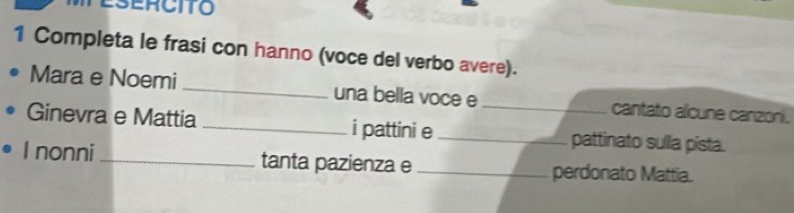 ESERCITO 
1 Completa le frasi con hanno (voce del verbo avere). 
Mara e Noemi _una bella voce e cantato alcune canzoni. 
Ginevra e Mattia i pattini e __pattinato sulla pista. 
I nonni_ tanta pazienza e _perdonato Mattia.