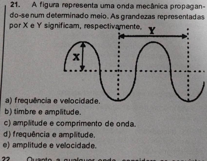 A figura representa uma onda mecânica propagan-
do-se num determinado meio. As grandezas representadas
por Xe Y significam, respectivamente,
a) frequência
b) timbre e amplitude.
c) amplitude e comprimento de onda.
d) frequência e amplitude.
e) amplitude e velocidade.
22 Quant