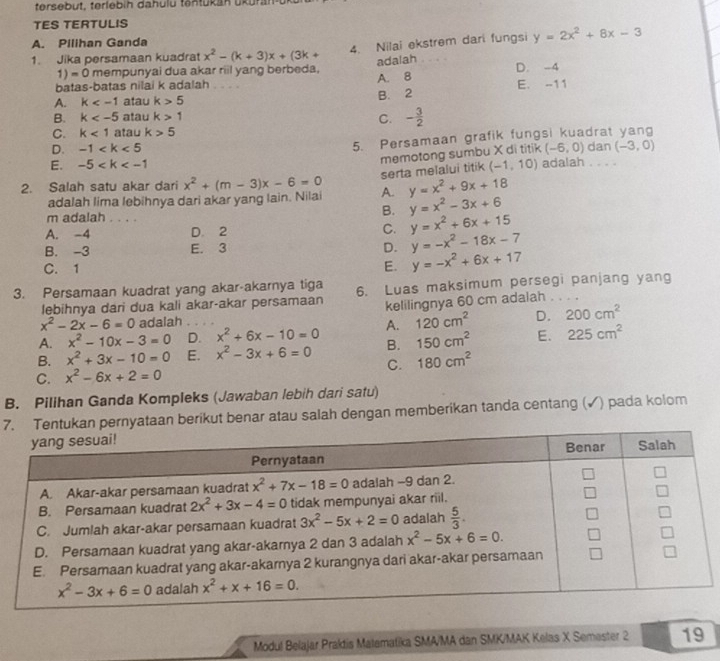 tersebut, terlebih dahulu tantükan ükurat
TES TERTULIS
A. Pilihan Ganda
1. Jika persamaan kuadrat x^2-(k+3)x+(3k+ 4. Nilai ekstrem dari fungsi y=2x^2+8x-3
11 Ó mempunyai dua akar riil yang berbeda, adalah
batas-batas nilai k adalah . . . . A. 8 D. -4
A. k atau k>5 B. 2 E. -11
B. k atau k>1 C. - 3/2 
C. k<1</tex> atau k>5
5. Persamaan grafik fungsi kuadrat yang
D. -1 (-6,0) dan (-3,0)
memotong sumbu X di titik
E. -5 adalah . . . .
serta melalui titik (-1,10)
2. Salah satu akar dari x^2+(m-3)x-6=0 A. y=x^2+9x+18
adalah lima lebihnya dari akar yang lain. Nilai y=x^2-3x+6
m adalah . . . .
B.
A. -4 D. 2 C. y=x^2+6x+15
B. -3 E. 3 D. y=-x^2-18x-7
C. 1
E. y=-x^2+6x+17
3. Persamaan kuadrat yang akar-akarnya tiga 6. Luas maksimum persegi panjang yang
eþihnya dari dua kali akar-akar persamaan kelilingnya 60 cm adalah . . . .
x^2-2x-6=0 adalah .
A. x^2-10x-3=0 D. x^2+6x-10=0 A. 120cm^2 D. 200cm^2
B. x^2+3x-10=0 E. x^2-3x+6=0 B. 150cm^2 E. 225cm^2
C. x^2-6x+2=0 C. 180cm^2
B. Pilihan Ganda Kompleks (Jawaban lebih dari satu)
7ernyataan berikut benar atau salah dengan memberikan tanda centang (✓) pada kolom
Modul Belajar Praktis Matematika SMA/MA dan SMK/MAK Kelas X Semester 2 19