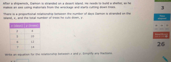 After a shipwreck, Damon is stranded on a desert island. He needs to build a shelter, so he 
makes an axe using materials from the wreckage and starts cutting down trees. 3
There is a proportional relationship between the number of days Damon is stranded on the 
island, x, and the total number of trees he cuts down, y. elapsed Time 
0 04 55
SmartScore 
out of 100 ● 
26 
Write an equation for the relationship between x and y. Simplify any fractions.
u=□