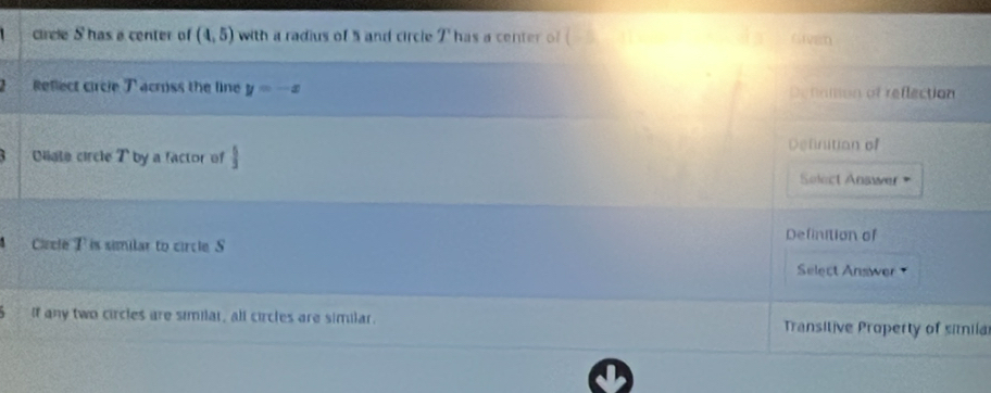 circle S has a center of (4,5) with a radius of 5 and circle T has a center o
cren
iia