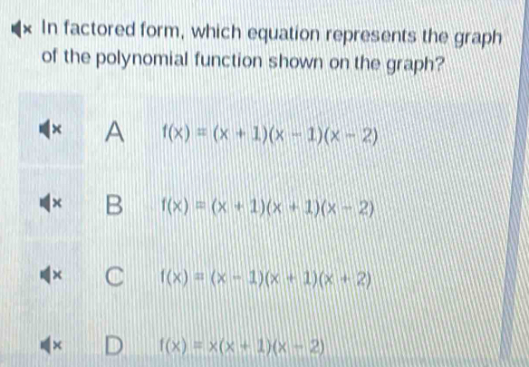 In factored form, which equation represents the graph
of the polynomial function shown on the graph?
×
f(x)=(x+1)(x-1)(x-2)
B f(x)=(x+1)(x+1)(x-2)
f(x)=(x-1)(x+1)(x+2)
×
f(x)=x(x+1)(x-2)