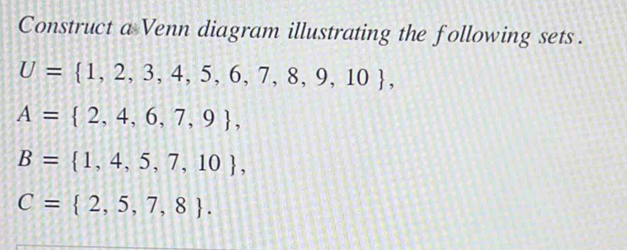 Construct a Venn diagram illustrating the following sets.
U= 1,2,3,4,5,6,7,8,9,10 ,
A= 2,4,6,7,9 ,
B= 1,4,5,7,10 ,
C= 2,5,7,8.