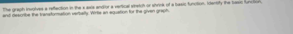 The graph involves a reflection in the x axis and/or a vertical stretch or shrink of a basic function. Identify the basic function, 
and describe the transformation verbally. Write an equation for the given graph.