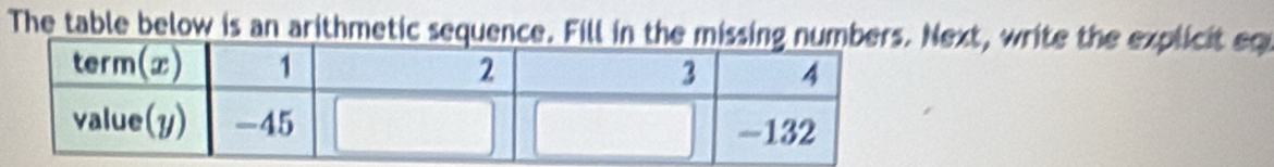 The table below is an arithmetic sequence. Fill in the missing numbers. Next, write the explicit eq