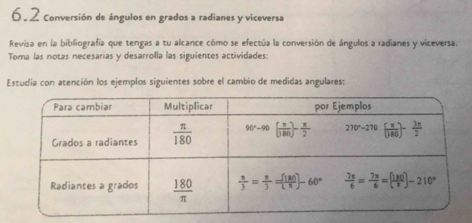 6.2 Conversión de ángulos en grados a radianes y viceversa
Revisa en la bibliografía que tengas a tu alcance cómo se efectúa la conversión de ángulos a radianes y viceversa.
Toma las notas necesarías y desarrolla las siguientes actividades:
Estudia con atención los ejemplos siguientes sobre el cambio de medidas angulares: