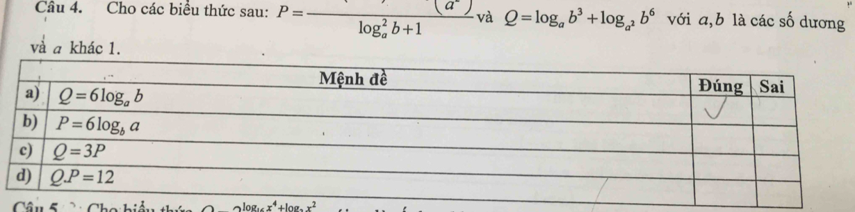 Cho các biểu thức sau: P=frac (a^-)(log _a)^2b+1 và Q=log _ab^3+log _a^2b^6 với a,b là các số dương
và a khác 1.
Câu 5 2 log _16x^4+log _9x^2