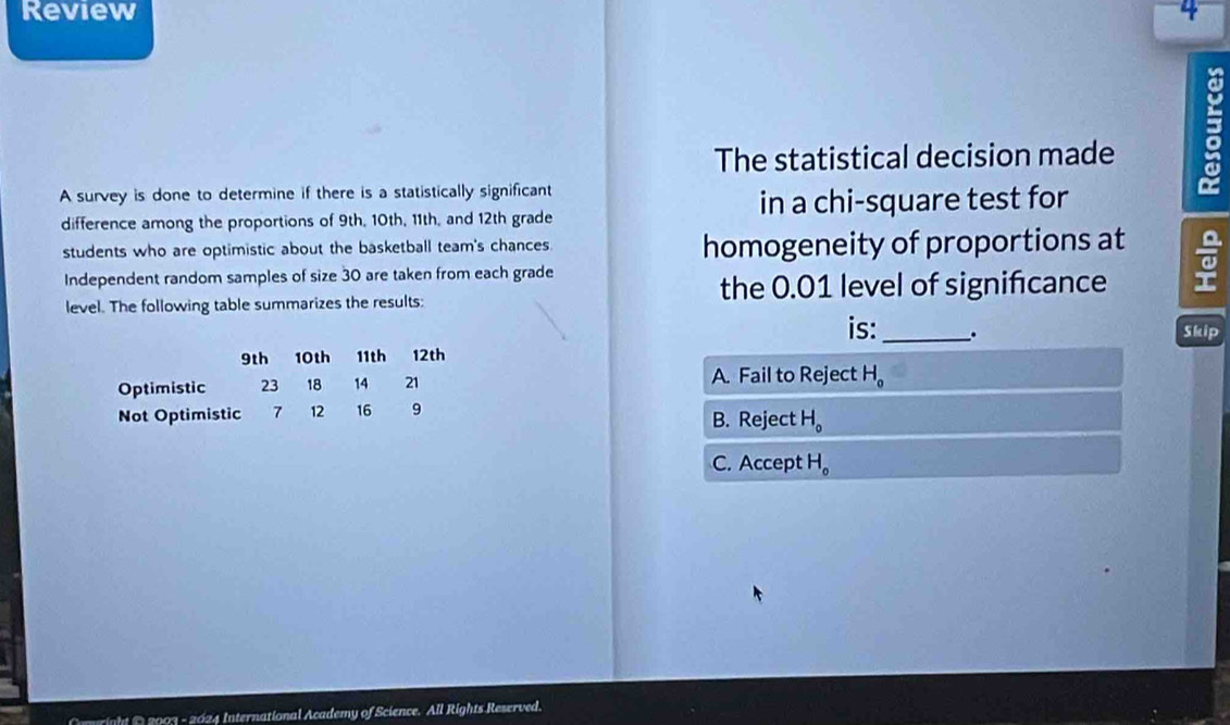 Review 4
The statistical decision made 
A survey is done to determine if there is a statistically significant
difference among the proportions of 9th, 10th, 11th, and 12th grade in a chi-square test for
students who are optimistic about the basketball team's chances homogeneity of proportions at
Independent random samples of size 30 are taken from each grade
level. The following table summarizes the results:
the 0.01 level of significance
is:_ Skip
9th 10th 11th 12th
Optimistic 23 18 14 21
A. Fail to K eject H_o
Not Optimistic 7 12 16 9
B. Reject H_o
C. Accept H_o
Cmuright O 2003 - 2024 International Academy of Science. All Rights Reserved.