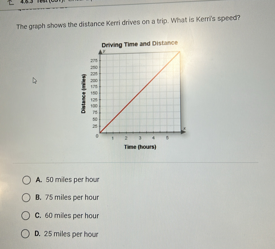 Test (C3
The graph shows the distance Kerri drives on a trip. What is Kerri's speed?
Driving Time and Distance
Time (hours)
A. 50 miles per hour
B. 75 miles per hour
C. 60 miles per hour
D. 25 miles per hour