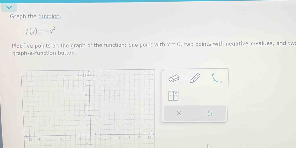 Graph the function.
f(x)=-x^2
Plot five points on the graph of the function: one point with x=0 , two points with negative x -values, and tw 
graph-a-function button.
X
--2