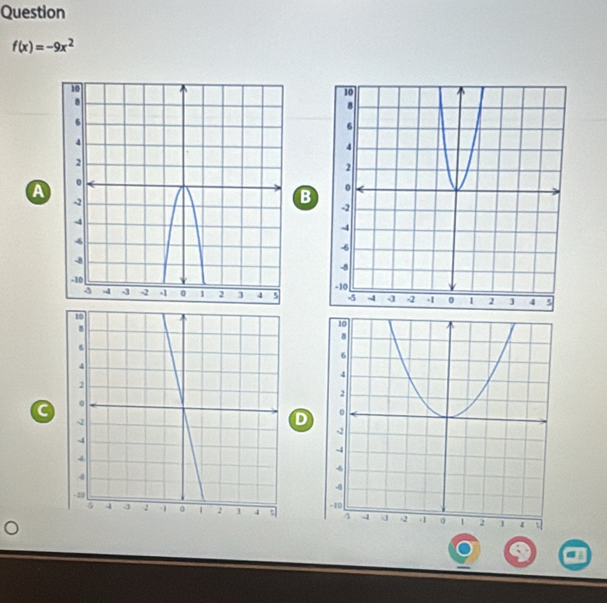 Question
f(x)=-9x^2
A
B

D