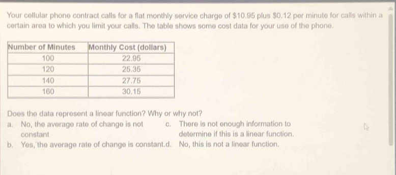 Your cellular phone contract calls for a flat monthly service charge of $10.95 plus $0.12 per minute for calls within a
certain area to which you limit your calls. The table shows some cost data for your use of the phone.
Does the data represent a linear function? Why or why not?
a. No, the average rate of change is not c. There is not enough information to
constant determine if this is a linear function.
b. Yes, the average rate of change is constant.d. No, this is not a linear function.