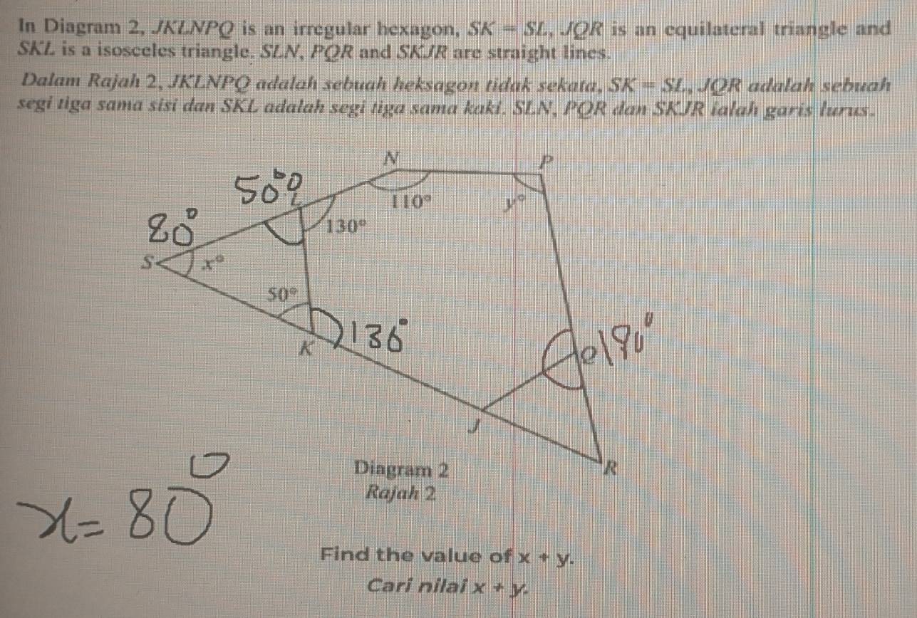 In Diagram 2, JKLNPQ is an irregular hexagon, SK=SL,JQR is an equilateral triangle and
SKL is a isosceles triangle. SLN, PQR and SKJR are straight lines.
Dalam Rajah 2, JKLNPQ adalah sebuah heksagon tidak sekata, SK=SL , JQR adalah sebuah
segi tiga sama sisi dan SKL adalah segi tiga sama kaki. SLN, PQR dan SKJR ialah garis lurus.
Find the value of x+y.
Cari nilai x+y.