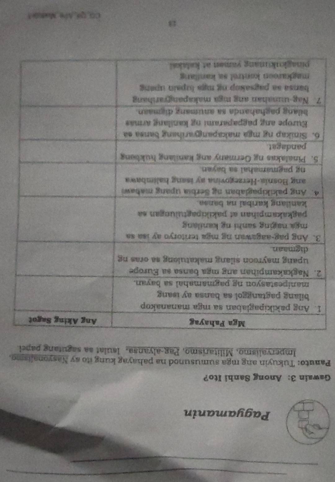 Pagyamanin 
Gawain 3: Anong Sanhi Ito? 
Panuto: Tukuyin ang mga sumusunod na pahayag kung ito ay Nasyonalisme. 
Impervalismo, Militarismo, Pag-alyansa, Isulat sa sagutang papel. 
I
2
3
7
18
CO_qu Ae_Madule?