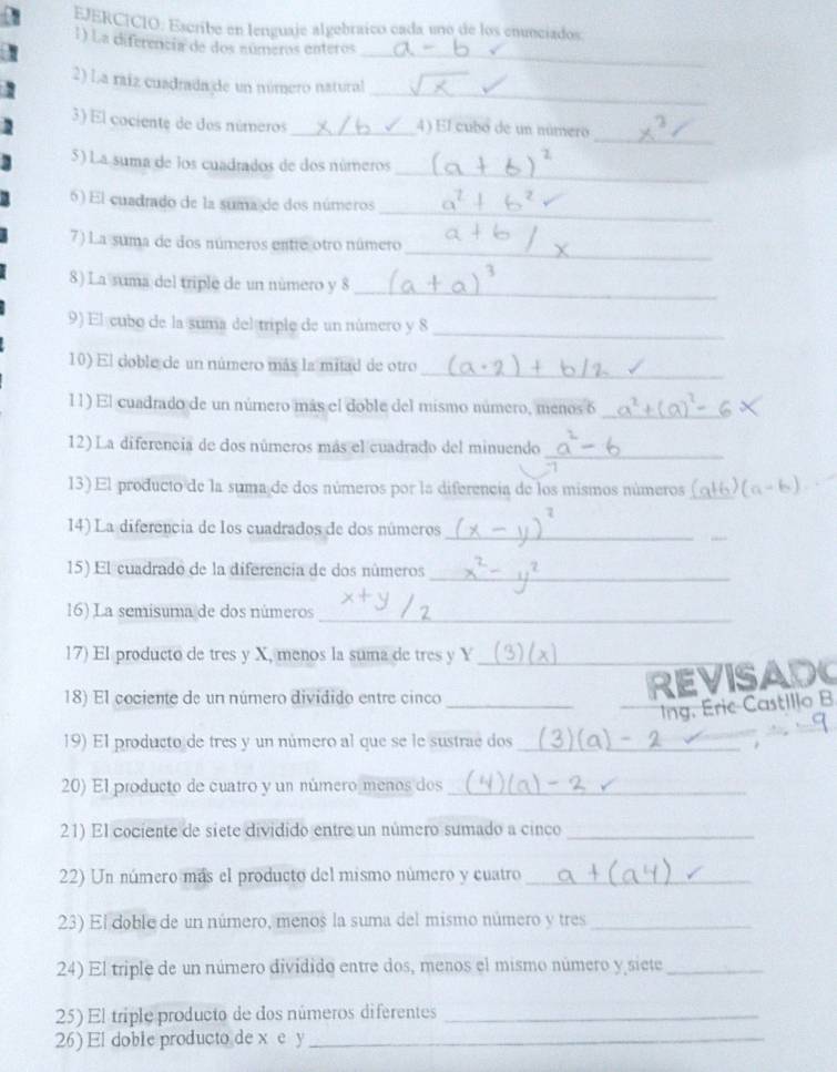 Escribe en lenguaje algebraíco cada uno de los enunciados:
_
1) La diferencia de dos aúmeros enteros
_
2) La raíz cuadrada de un número natural
_
3) El cociente de dos números _4) El cubó de un número
_
5) La suma de los cuadrados de dos números
_
6) El cuadrado de la suma de dos números
_
7) La suma de dos números entre otro número
_
8) La suma del triple de un número y 8
_
9) El cubo de la suma del triple de un número y 8
_
10) El doble de un número más la mitad de otro
_
11) El cuadrado de un número más el doble del mismo número, menos 6
_
12) La diferencía de dos números más el cuadrado del minuendo
13) El producto de la suma de dos números por la diferencia de los mismos números_
14) La diferencia de los cuadrados de dos números_
_
_
15) El cuadrado de la diferencía de dos números
16) La semisuma de dos números_
17) El producto de tres y X, menos la suma de tres y Y_
18) El cociente de un número dividido entre cinco_
REVISADC
Ing. Éric Castillo B
19) El producto de tres y un número al que se le sustrae dos_
20) El producto de cuatro y un número meños dos_
21) El cociente de siete dividido entre un número sumado a cinco_
22) Un número más el producto del mismo número y cuatro_
23) El doble de un número, menos la suma del mismo número y tres_
24) El triple de un número dividido entre dos, menos el mismo número y siete_
25) El triple producto de dos números diferentes_
26) El doble producto de x e y_