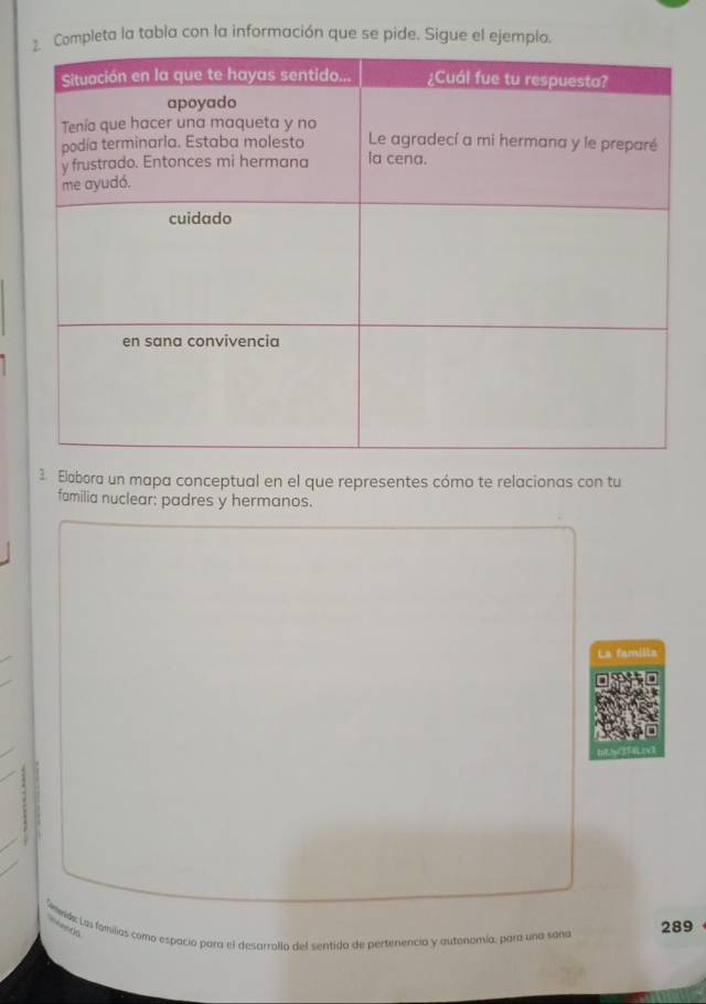Completa la tabla con la información que se pide. Sigue el ejemplo. 
3 Elabora un mapa conceptual en el que representes cómo te relacionas con tu 
familia nuclear: padres y hermanos. 
La familla 
mda Las familas como espacío para el desarrolla del sentido de pertenencia y autonomía, para una sana 289 
*eenda