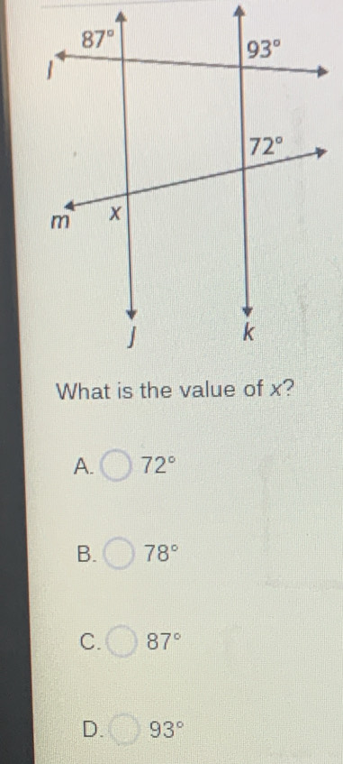 A. 72°
B. 78°
C. 87°
D. 93°