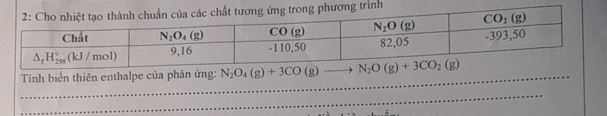 Tính biến thiên enthalpe của phản ứng: N_2O_4(g)+3CO(g)to N_2O(g)+3CO_2(g)
_
_
_