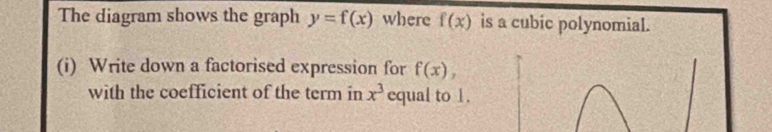 The diagram shows the graph y=f(x) where f(x) is a cubic polynomial. 
(i) Write down a factorised expression for f(x), 
with the coefficient of the term in x^3 equal to 1.