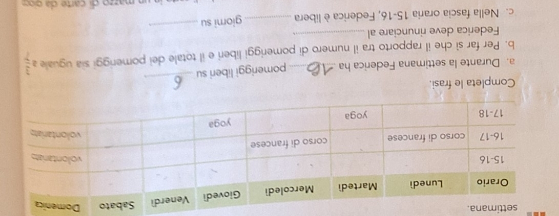 settimana. 
Completa le frasi. 
a. Durante la settimana Federica ha _pomeriggi liberi su_ 
b. Per far sì che il rapporto tra il numero di pomeriggi liberi e il totale dei pomeriggi sia uguale a  3/7 
Federica deve rinunciare al_ 
c. Nella fascia oraria 15 - 16, Federica è libera _giorni su_ 
un mazzo di carte da cín