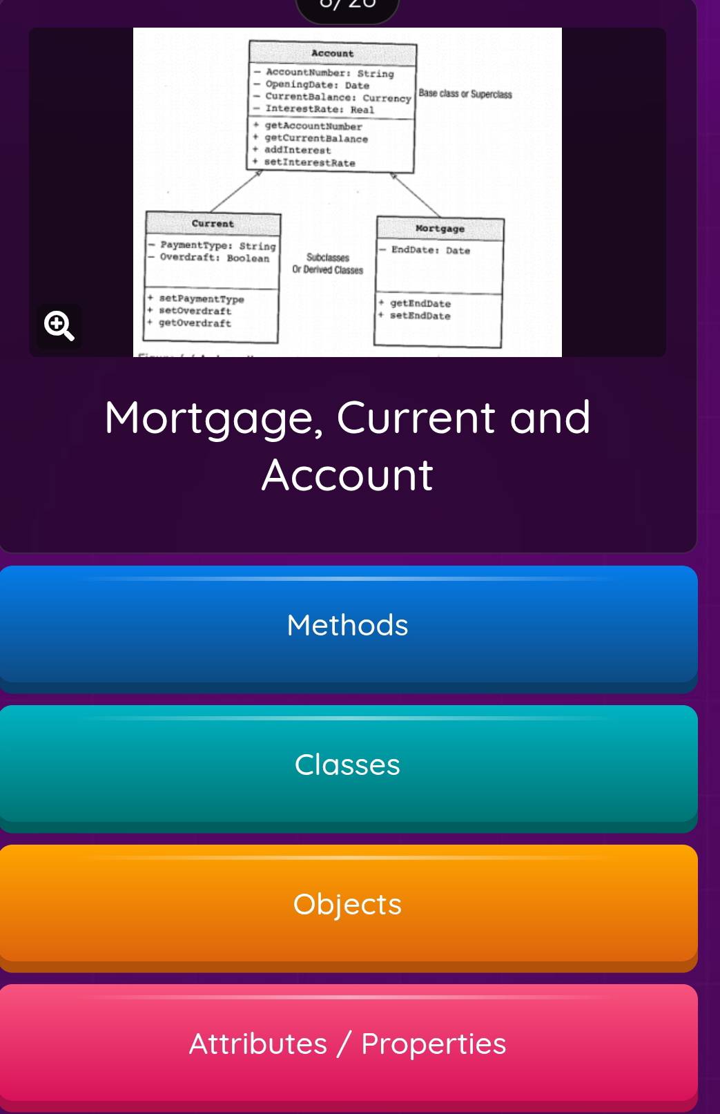 of 
Account 
- AccountNumber: String 
- OpeningDate: Date 
— CurrentBalance: Currency Base class or Superclass 
- InterestRate: Real 
+ getAccountNumber 
getCurrentBalance 
+ addInterest 
+ setInterestRate 
Current Mortgage 
- PaymentType: String - EndDate: Date 
- Overdraft: Boolean Subclasses 
Or Derived Classes 
+ setPaymentType + getEndDate 
+ setöverdraft + setEndDate 
+ getOverdraft 
Mortgage, Current and 
Account 
Methods 
Classes 
Objects 
Attributes / Properties