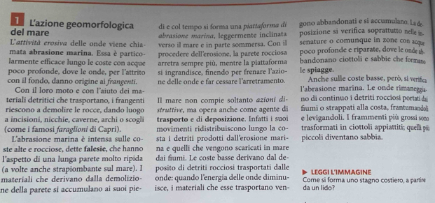 L'azione geomorfologica di e col tempo si forma una piattaforma di gono abbandonati e si accumulano. La d
del mare abrasione marina, leggermente inclinata posizione si verifica soprattutto nelle in
L'attività erosiva delle onde viene chia- verso il mare e in parte sommersa. Con il senature o comunque in zone con acque
mata abrasione marina. Essa è partico- procedere dell'erosione, la parete rocciosa poco profonde e riparate, dove le onde 
larmente efficace lungo le coste con acque arretra sempre più, mentre la piattaforma bandonano ciottoli e sabbie che forman
poco profonde, dove le onde, per l'attrito si ingrandisce, finendo per frenare l’azio- le spiagge. Anche sulle coste basse, però, si verifica
con il fondo, danno origine ai frangenti. ne delle onde e far cessare l'arretramento. l'abrasione marina. Le onde rimaneggia
Con il loro moto e con l’aiuto dei ma-
teriali detritici che trasportano, i frangenti Il mare non compie soltanto azioni di- no di continuo i detriti rocciosi portati da
riescono a demolire le rocce, dando luogo struttive, ma opera anche come agente di fiumi o strappati alla costa, frantumandoli
a incisioni, nicchie, caverne, archi o scogli trasporto e di deposizione. Infatti i suoi e levigandoli. I frammenti più grossi somo
(come i famosi faraglioni di Capri). movimenti ridistribuiscono lungo la co- trasformati in ciottoli appiattiti; quelli p
L'abrasione marina è intensa sulle co- sta i detriti prodotti dall'erosione mari- piccoli diventano sabbia.
ste alte e rocciose, dette falesie, che hanno na e quelli che vengono scaricati in mare
l’aspetto di una lunga parete molto ripida dai fiumi. Le coste basse derivano dal de-
(a volte anche strapiombante sul mare). I posito di detriti rocciosi trasportati dalle LEGGI L'IMMAGINE
materiali che derivano dalla demolizio- onde: quando l'energia delle onde diminu- Come si forma uno stagno costiero, a partire
ne della parete si accumulano ai suoi pie- isce, i materiali che esse trasportano ven- da un lido?