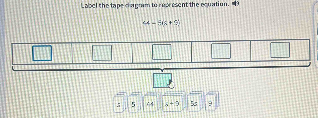 Label the tape diagram to represent the equation.
44=5(s+9)
S 5 44 s+9 5s 9