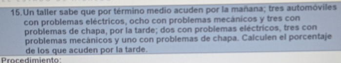 Un taller sabe que por término medio acuden por la mañana; tres automóviles 
con problemas eléctricos, ocho con problemas mecánicos y tres con 
problemas de chapa, por la tarde; dos con problemas eléctricos, tres con 
problemas mecánicos y uno con problemas de chapa. Calculen el porcentaje 
de los que acuden por la tarde. 
Procedimiento: