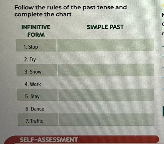 Follow the rules of the past tense and 
complete the chart 
A 
SELF-ASSESSMENT