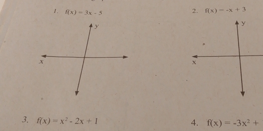 f(x)=-x+3
1. f(x)=3x-5
3. f(x)=x^2-2x+1
4. f(x)=-3x^2+